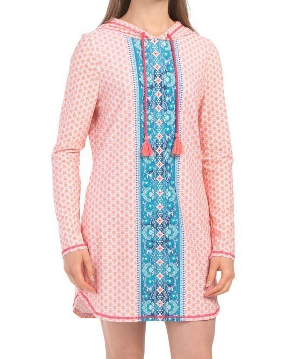 NWT Aqua Et Sol Tunic Swim Cover Up Hoodie Womens L Coral Tassel UPF 50 Sun Wear